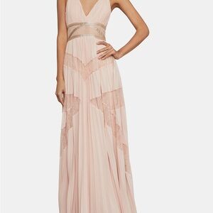 BCBGMaxAzria Bare Pink V-Neck Maxi Dress with Gold Waistband pleated NWT